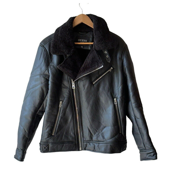 Guess Men's Size M Black Sherpa Lined Vegan Leather Moto Zip Bomber Jacket - New